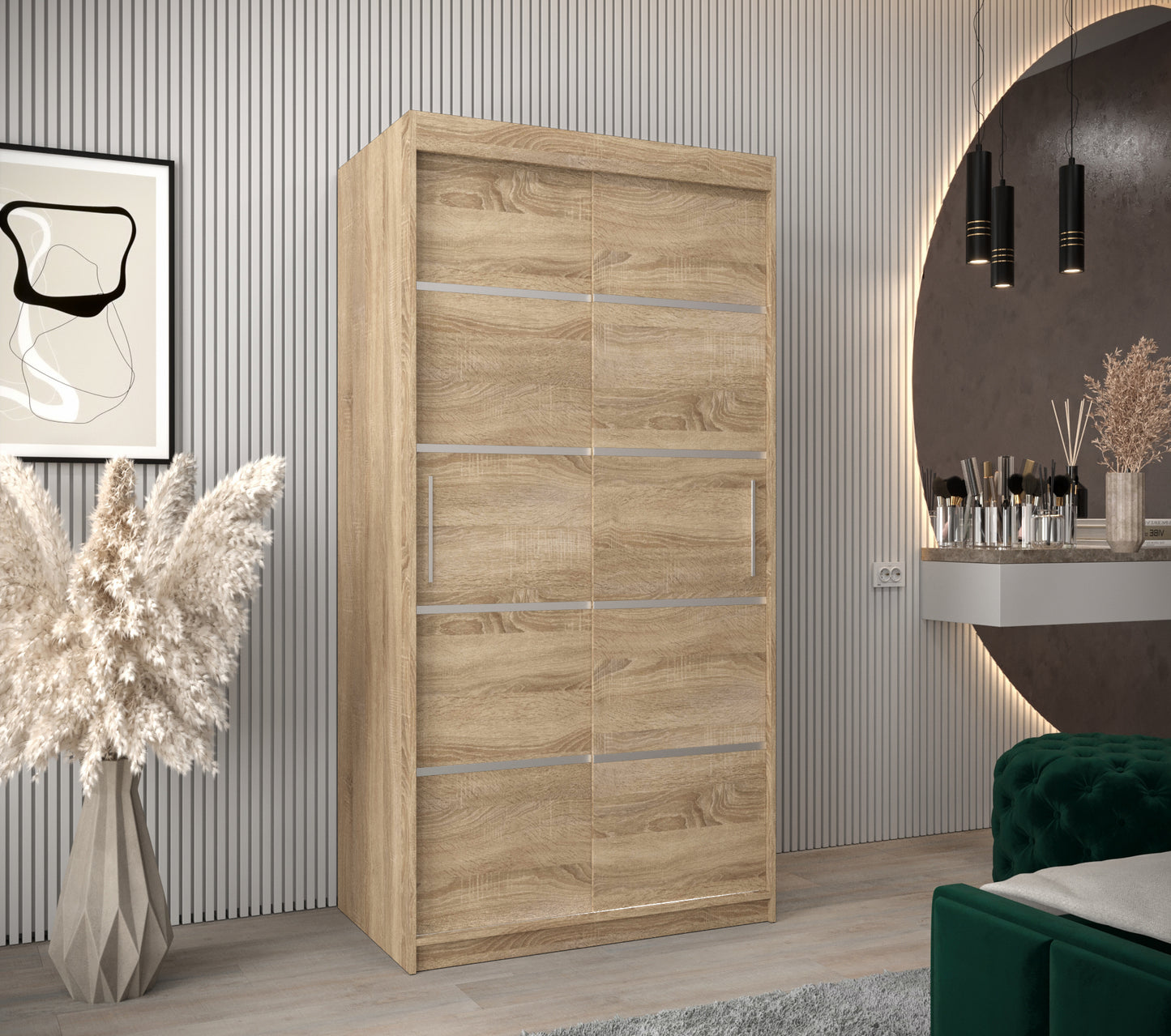 MARINA 1 - Sliding Doors Wardrobe Colour Sonoma with Shelves, 2x rails Fast delivery>100cm<