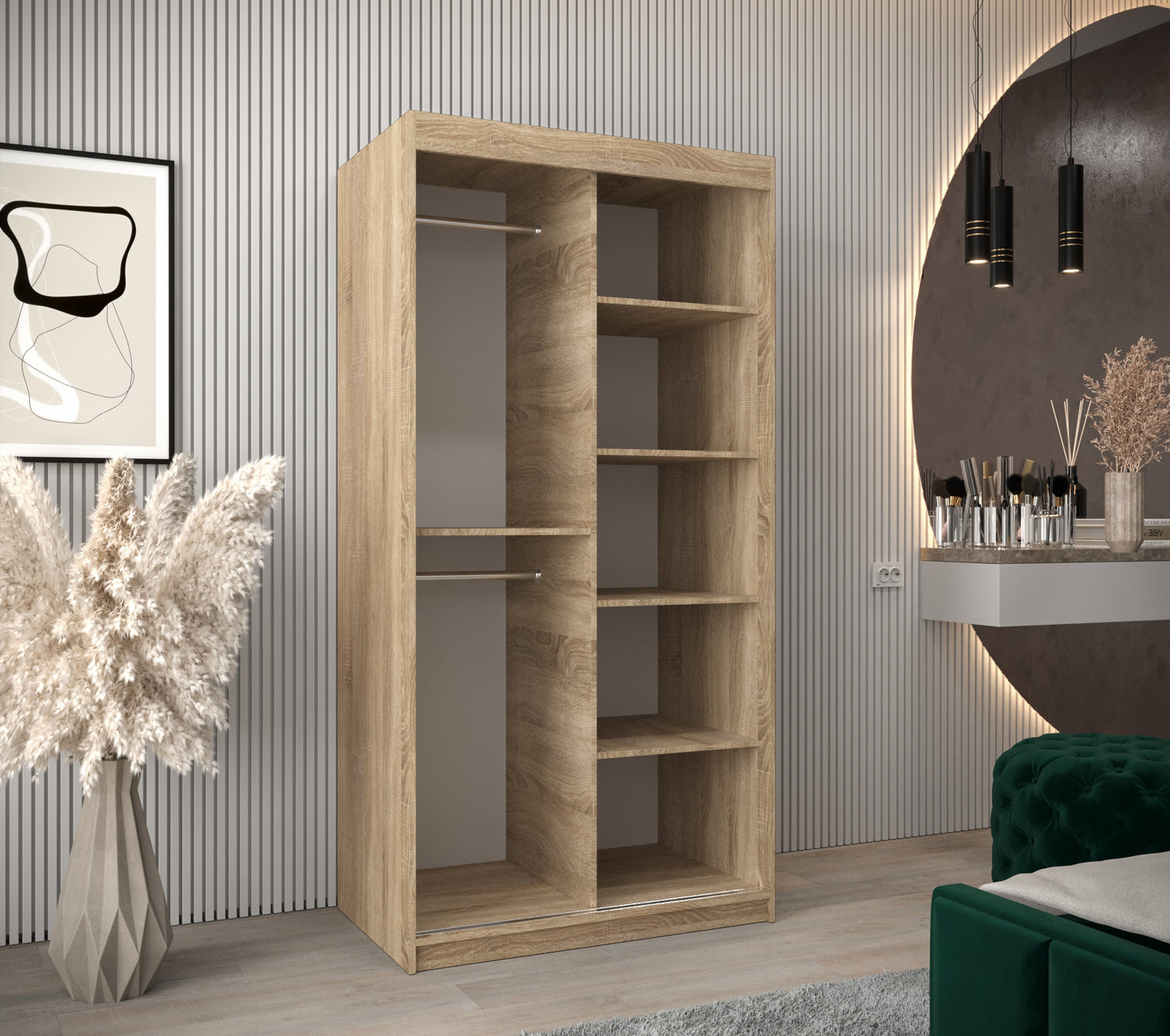 MARINA 1 - Sliding Doors Wardrobe Colour Sonoma with Shelves, 2x rails Fast delivery>100cm<