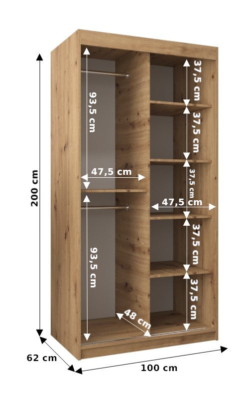 MARINA 1 - Sliding Doors Wardrobe Colour Sonoma with Shelves, 2x rails Fast delivery>100cm<