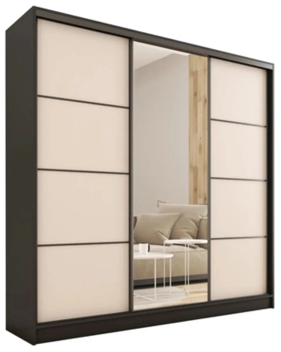 ANEYA Mirror - 3 Sliding Door Wardrobe With Drawers Shelves 2 Rail, Mirror, Black Body 3 Colour Front width 180 cm