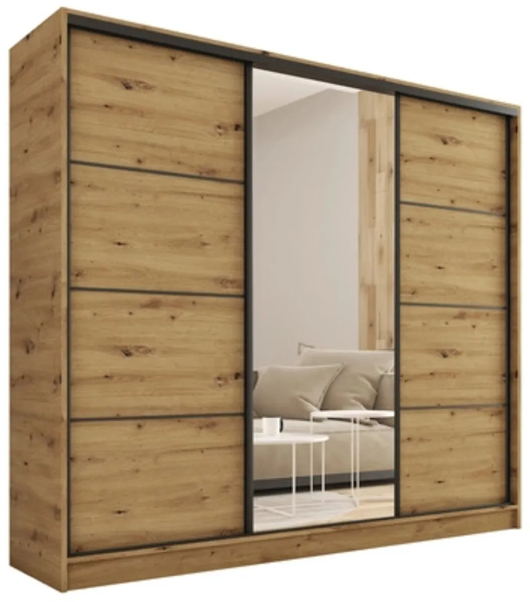 ANEYA Mirror - 3 Sliding Doors Wardrobe With Drawers Shelves 2 Rail Mirror Various Colour 200 cm
