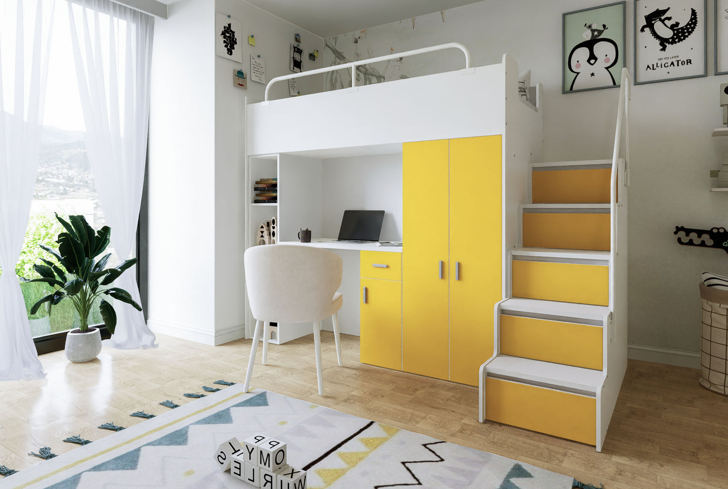 Jessie 4s High Sleeper Modern Set with Wardrobe Desk Stairs and Cabin Bed