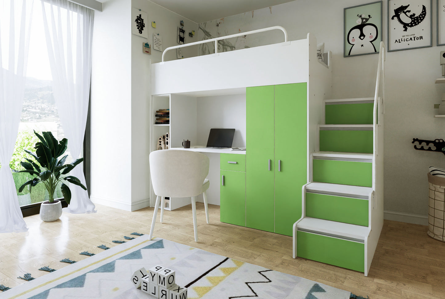 Jessie 4s High Sleeper Modern Set with Wardrobe Desk Stairs and Cabin Bed