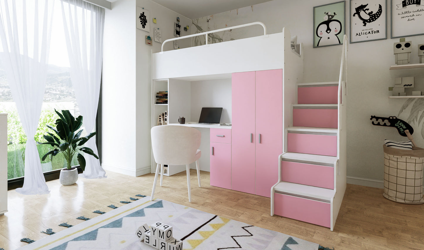 Jessie 4s High Sleeper Modern Set with Wardrobe Desk Stairs and Cabin Bed