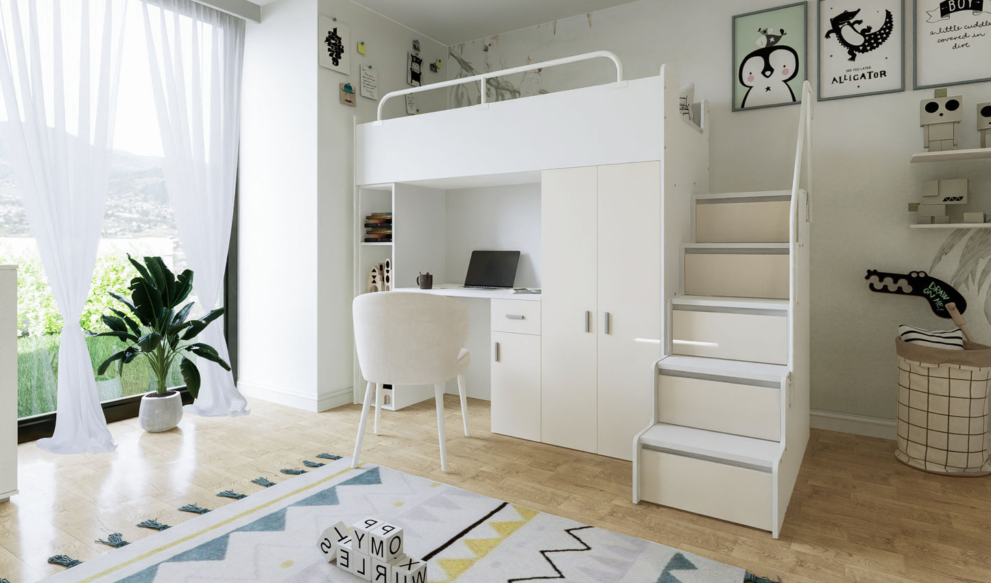 Jessie 4s High Sleeper Modern Set with Wardrobe Desk Stairs and Cabin Bed