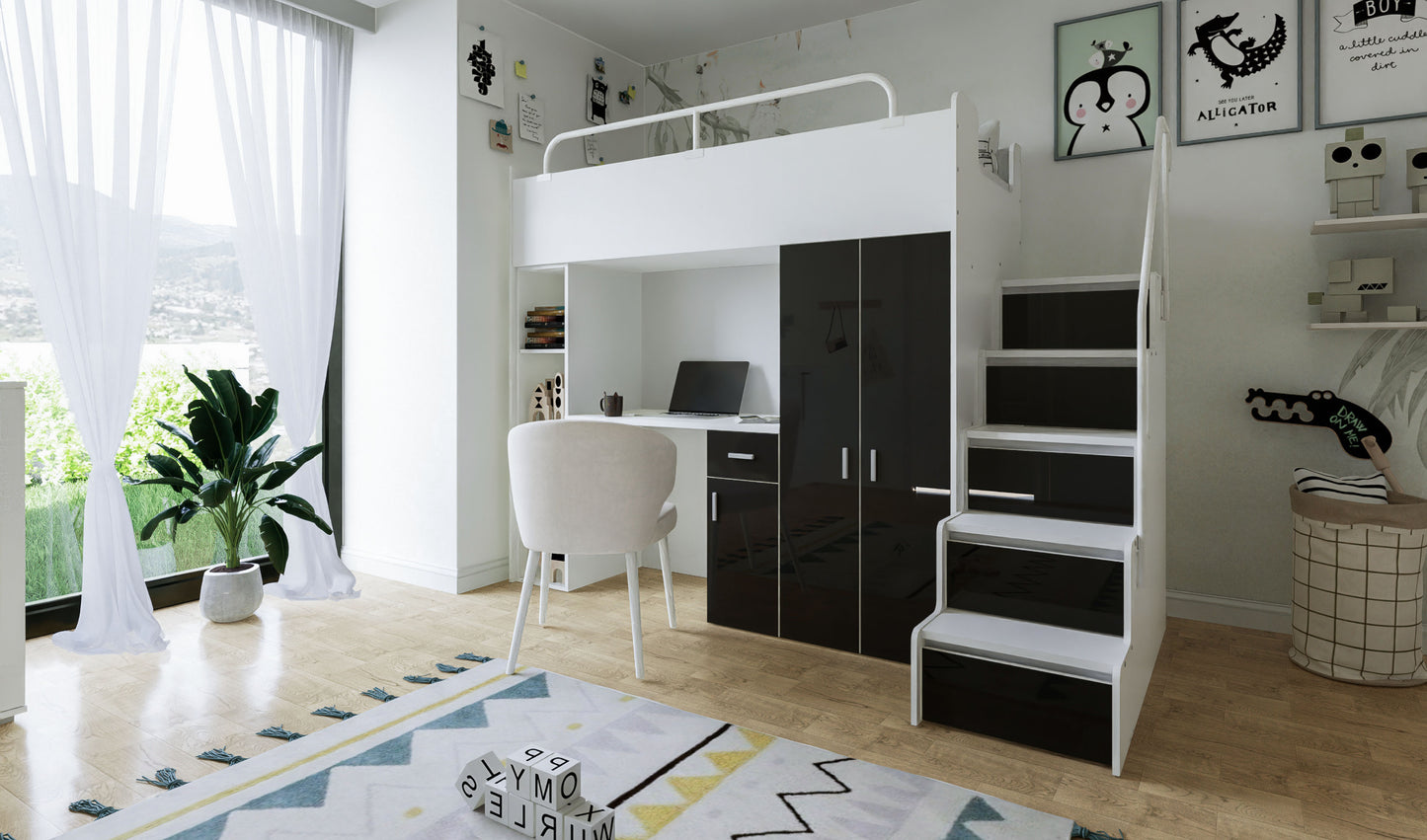 Jessie 4s High Sleeper Modern Set with Wardrobe Desk Stairs and Cabin Bed