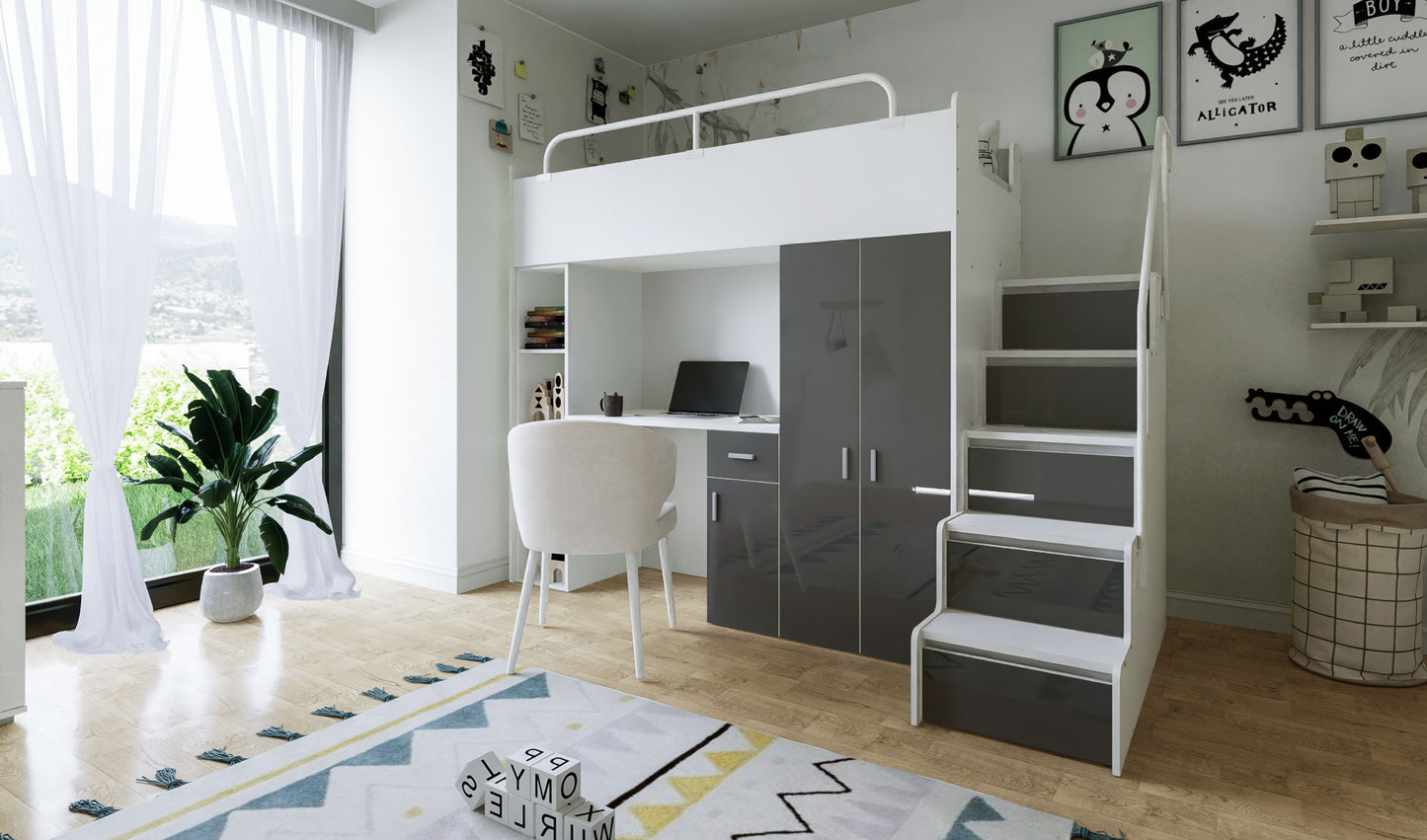 Jessie 4s High Sleeper Modern Set with Wardrobe Desk Stairs and Cabin Bed