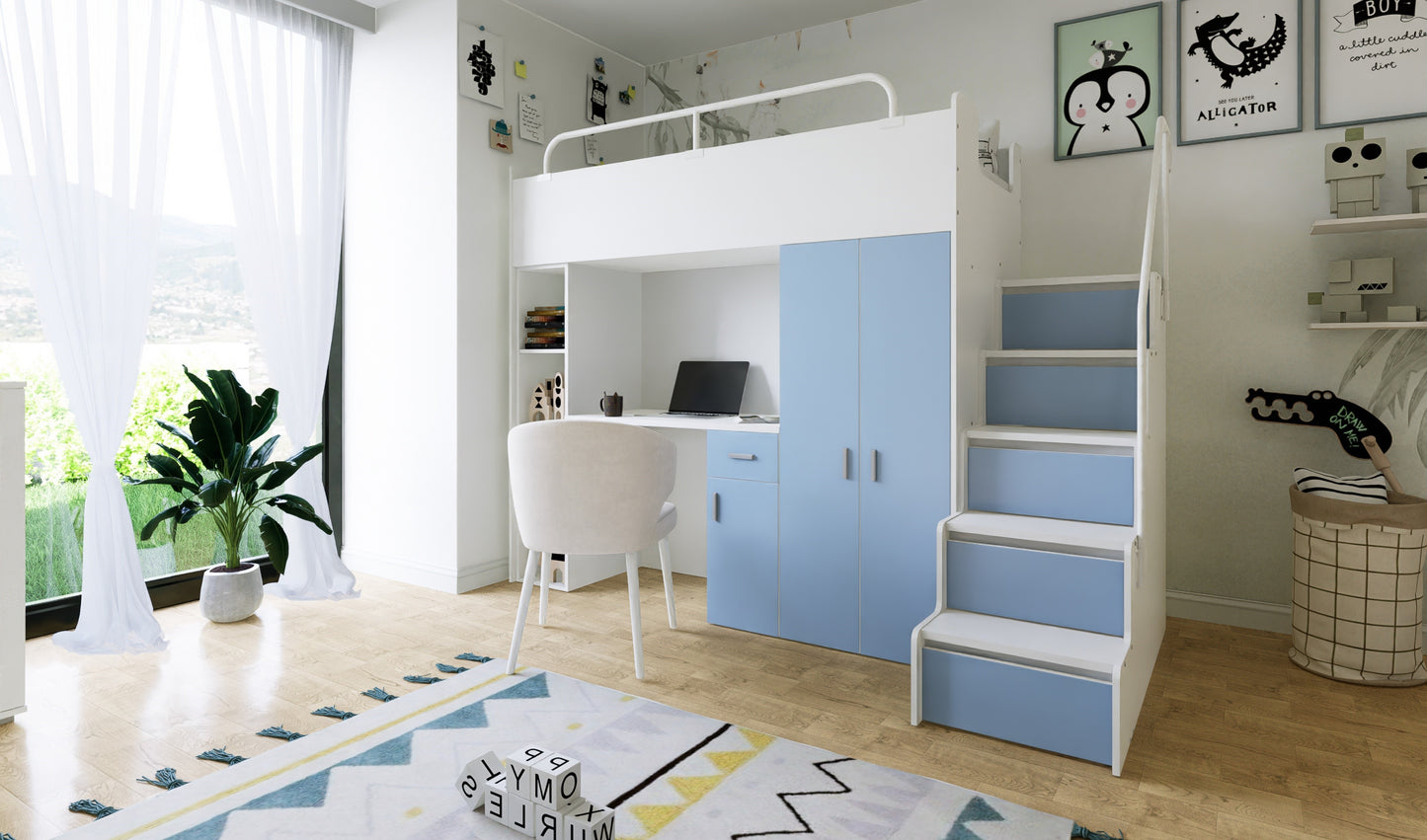 Jessie 4s High Sleeper Modern Set with Wardrobe Desk Stairs and Cabin Bed