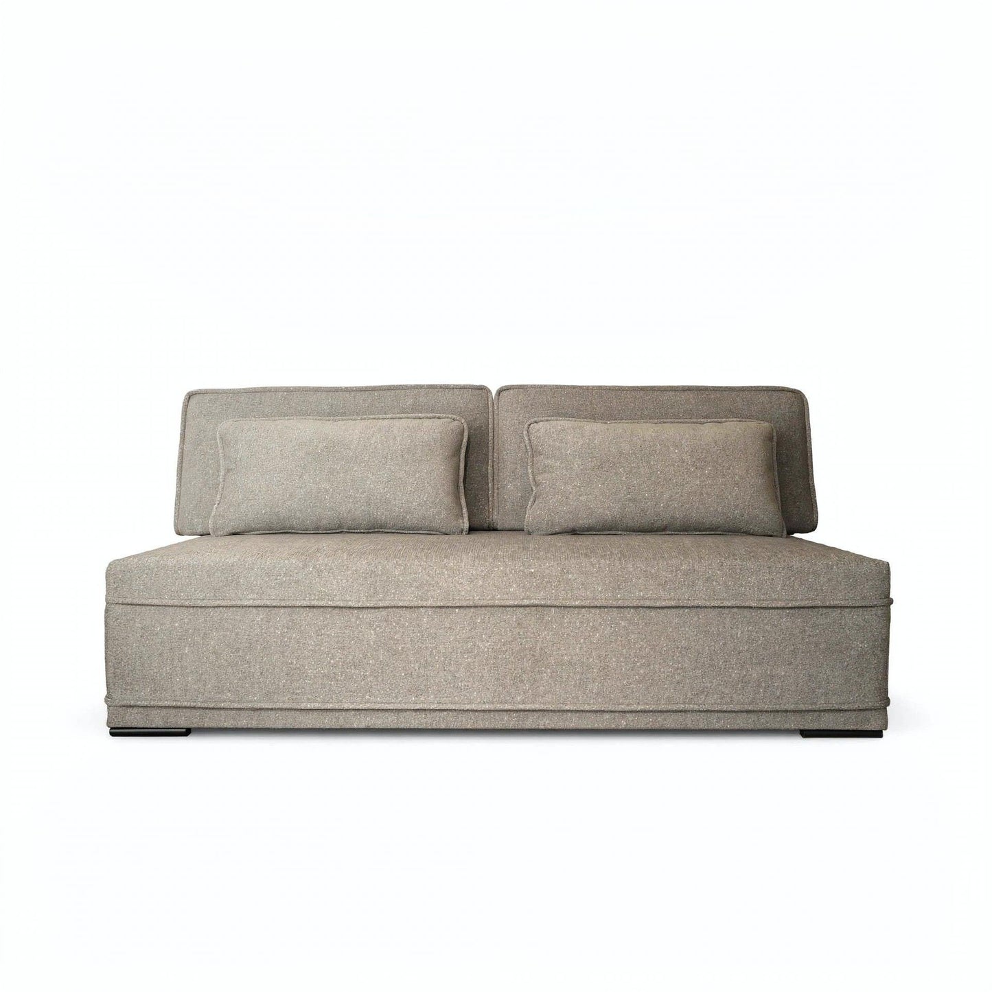 A modern low-profile loveseat sofa upholstered in a textured taupe fabric, featuring two matching square throw pillows, shown against a plain white background.