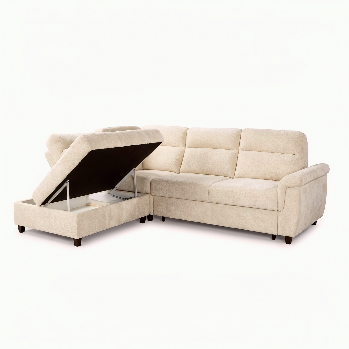An L-shaped sectional sofa upholstered in light beige fabric, shown with the left chaise section raised to reveal a dark storage compartment underneath. The sofa is photographed on a seamless white background.