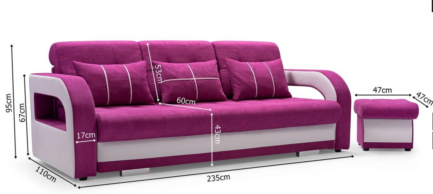 NENA - SOFA BED WITH PUFF & SLEEPING FUNCTION & STORAGE >235 x 110cm<