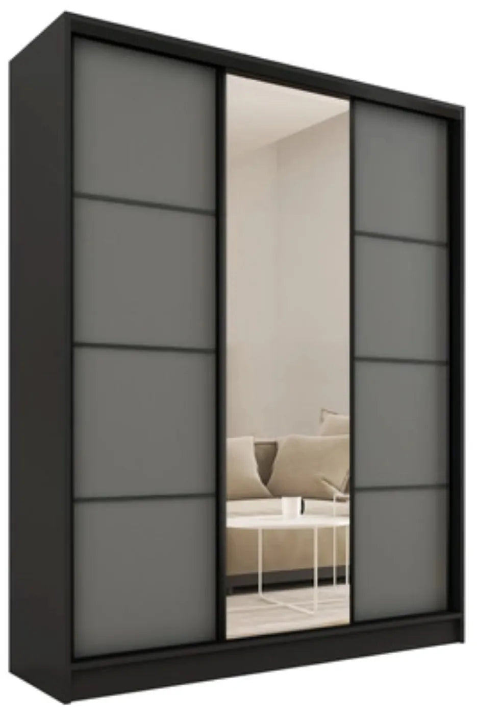 ANEYA Mirror - 3 Sliding Door Wardrobe With Drawers Shelves 2 Rail, Mirror, Black Body 3 Colour Front width 150 cm