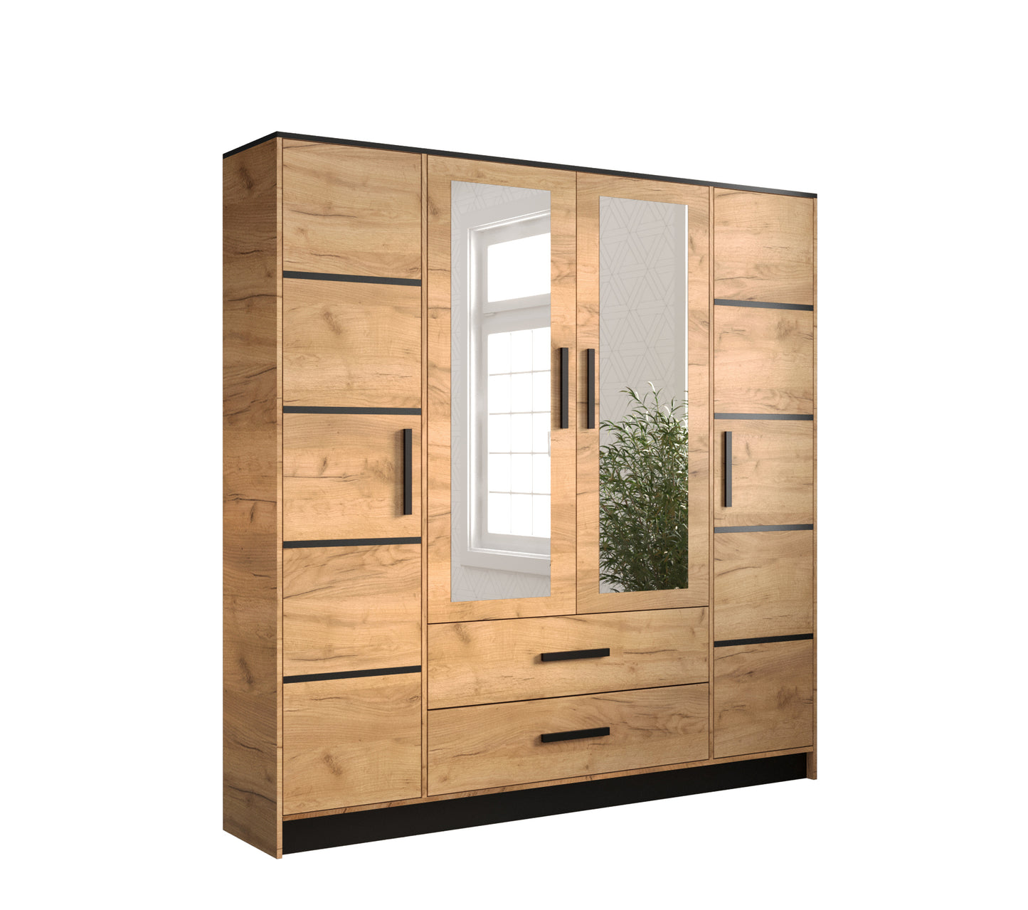 MONTY - Wardrobe with Drawers Shelves Rail Mirror Colour Craft oak gold + black width 201 cm FAST DELIVERY