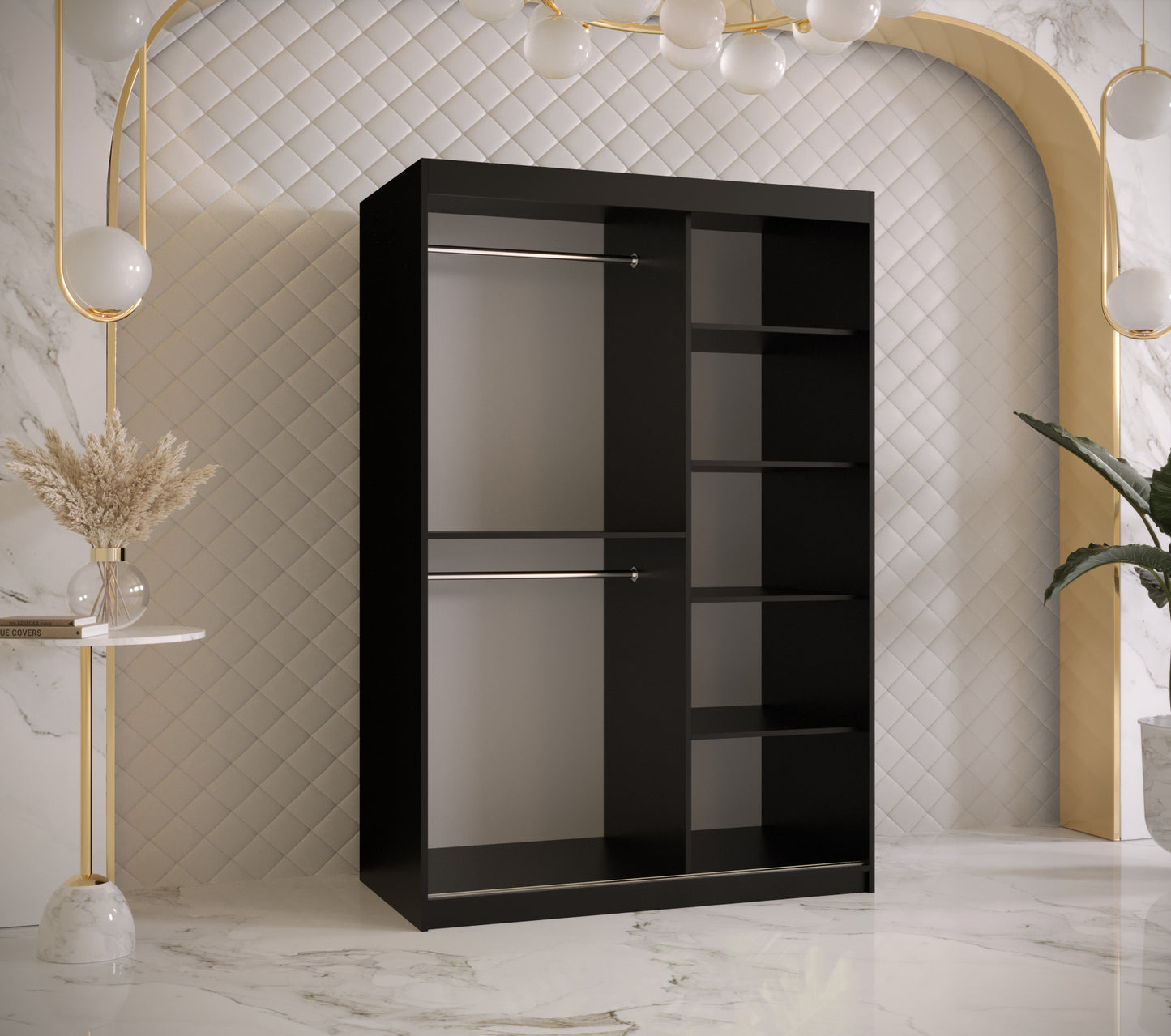 JADARIA - Sliding Doors Slim Wardrobe Colour Black with Mirror Shelves, 2x rails Fast delivery>120cm<