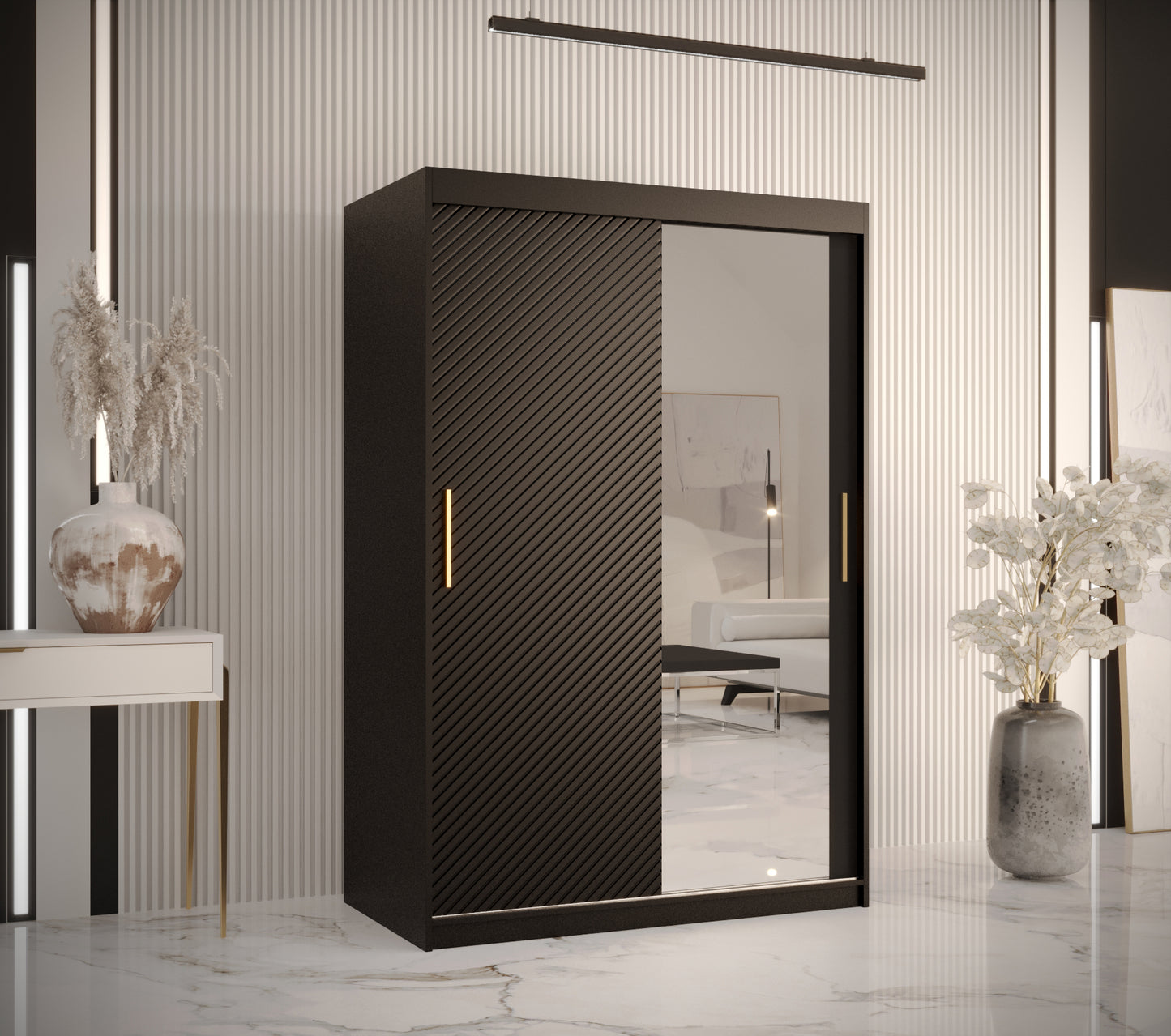 JADARIA - Sliding Doors Slim Wardrobe Colour Black with Mirror Shelves, 2x rails Fast delivery>120cm<