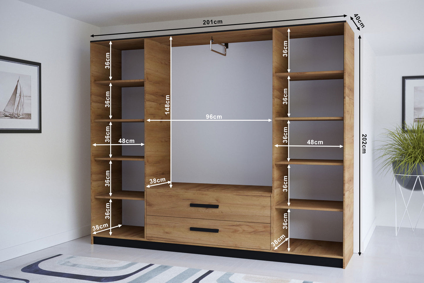 MONTY - Wardrobe with Drawers Shelves Rail Mirror Colour Craft oak gold + black width 201 cm FAST DELIVERY