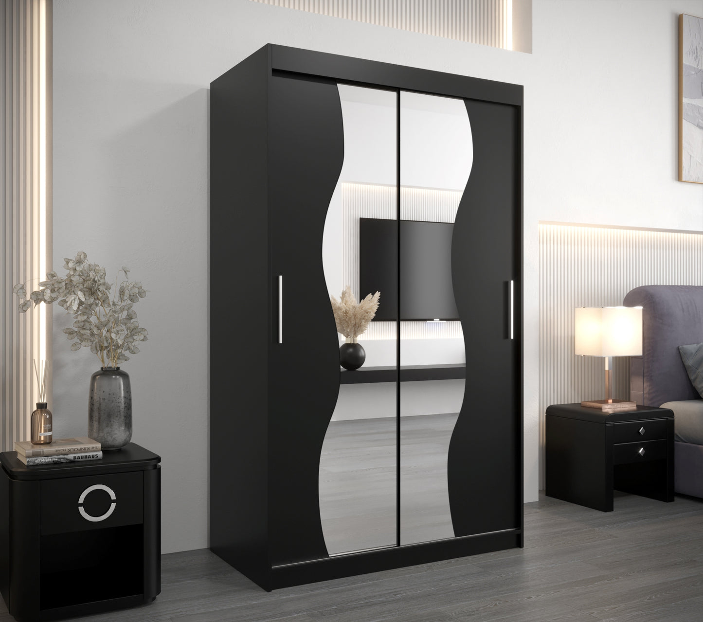 Megan - 2 Sliding Door Wardrobe with Shelves Rail Mirror Colour Black width 120 cm