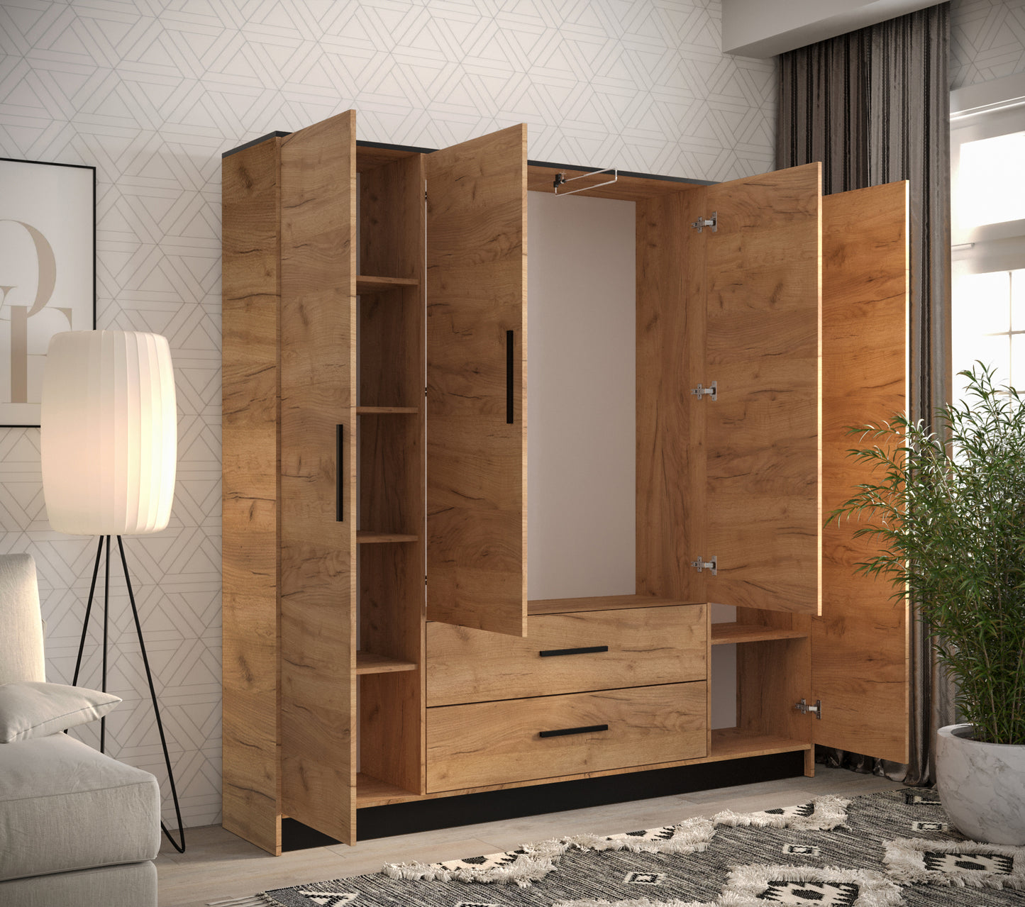 MONTY - Wardrobe with Drawers Shelves Rail Mirror Colour Craft oak gold + black width 201 cm FAST DELIVERY