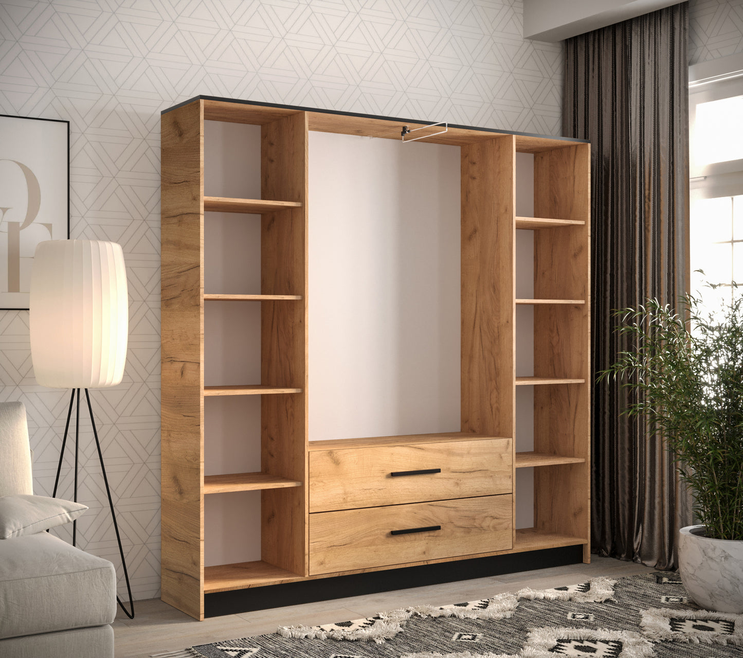 MONTY - Wardrobe with Drawers Shelves Rail Mirror Colour Craft oak gold + black width 201 cm FAST DELIVERY
