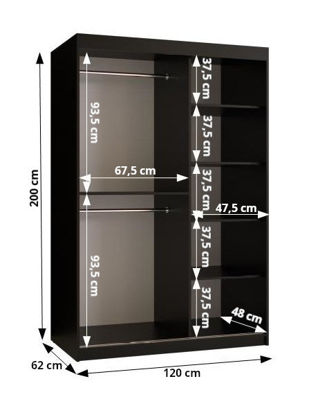 JADARIA - Sliding Doors Slim Wardrobe Colour Black with Mirror Shelves, 2x rails Fast delivery>120cm<