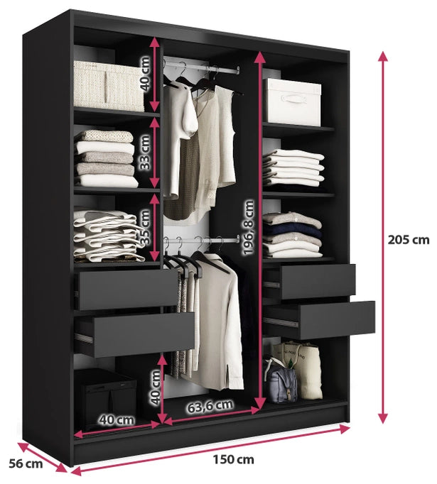 ANEYA Mirror - 3 Sliding Door Wardrobe With Drawers Shelves 2 Rail, Mirror, Various Colour 150 cm