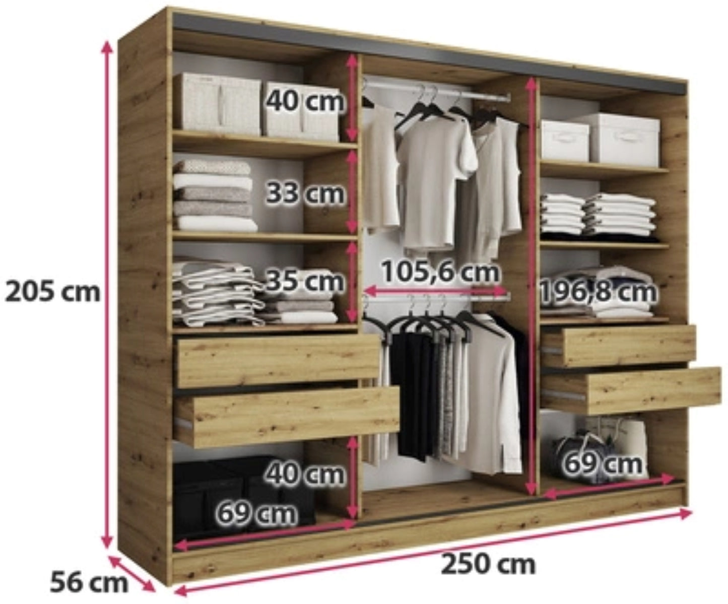 ANEYA Mirror - 3 Sliding Doors Wardrobe With Drawers Shelves 2 Rail Mirror Various Colour 250 cm