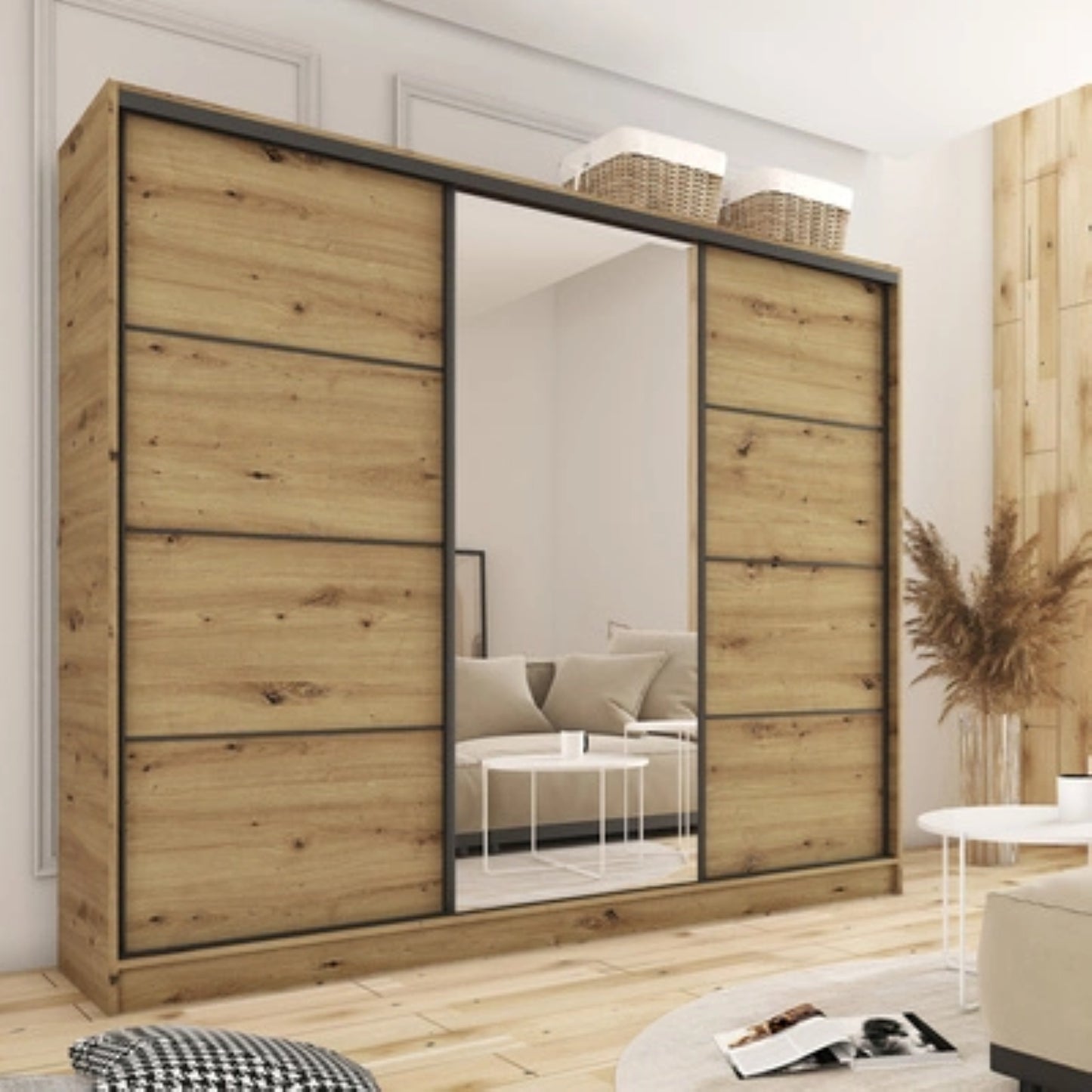 ANEYA Mirror - 3 Sliding Doors Wardrobe With Drawers Shelves 2 Rail Mirror Various Colour 250 cm