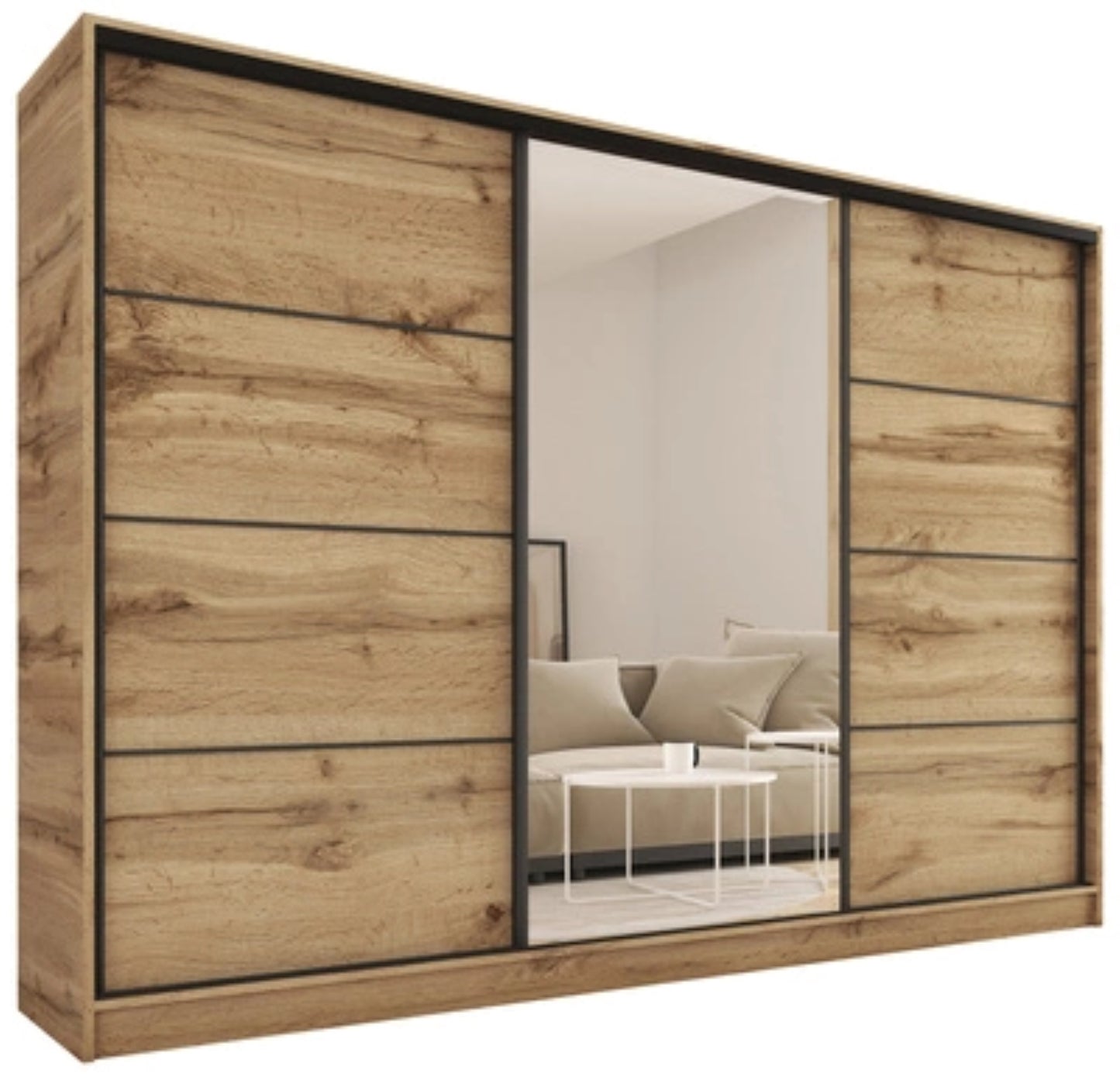 ANEYA Mirror - 3 Sliding Doors Wardrobe With Drawers Shelves 2 Rail Mirror Various Colour 250 cm