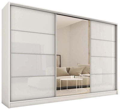 TOPO Gloss - 3 Sliding Doors Wardrobe With Drawers Shelves 2 Rail Mirror Colour White Gloss 280 cm