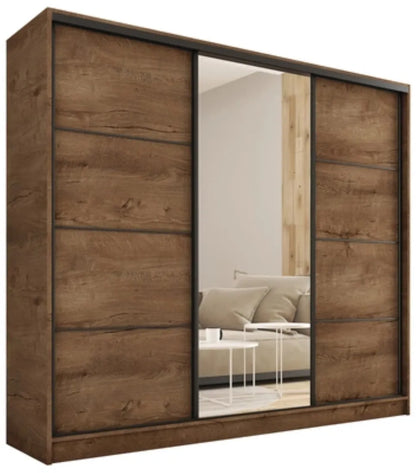 ANEYA Lamel Mirror- 3 Sliding Doors Wardrobe With Drawers Shelves 2 Rail Mirror 3 Colours 280 cm