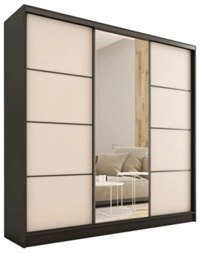 ANEYA Mirror - 3 Sliding Door Wardrobe With Drawers Shelves 2 Rail, Mirror, Black Body 3 Colour Front width 180 cm