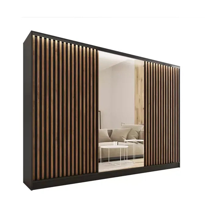 ANEYA Lamel Mirror- 3 Sliding Doors Wardrobe With Drawers Shelves 2 Rail Mirror 3 Colours 280 cm