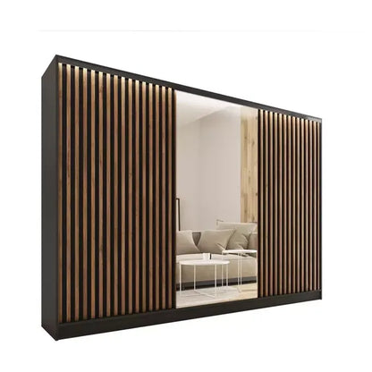 ANEYA Lamel Mirror- 3 Sliding Doors Wardrobe With Drawers Shelves 2 Rail Mirror 3 Colours 280 cm
