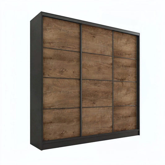 A modern three-panel sliding wardrobe  with dark brown wood grain doors and a matte black frame, shown at a three-quarter angle on a white background.