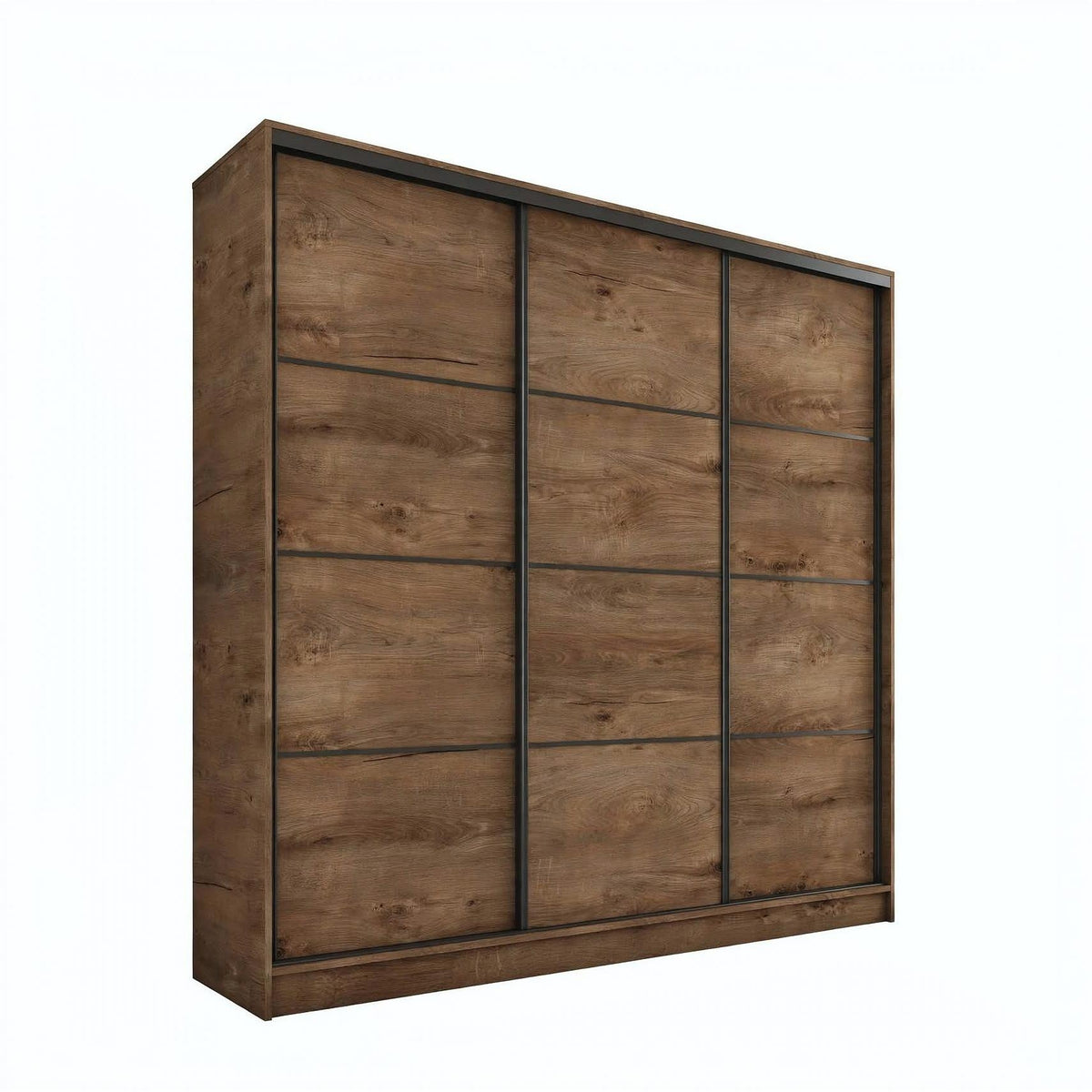 A modern sliding door wardrobe with a medium brown wood grain finish and black frame accents, shown at a three-quarter angle on a plain white background.