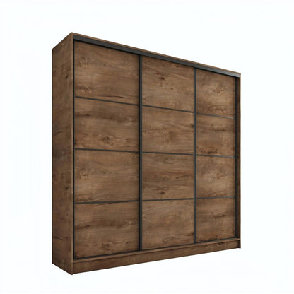 A modern sliding door wardrobe with a medium brown wood grain finish and black frame accents, shown at a three-quarter angle on a plain white background.