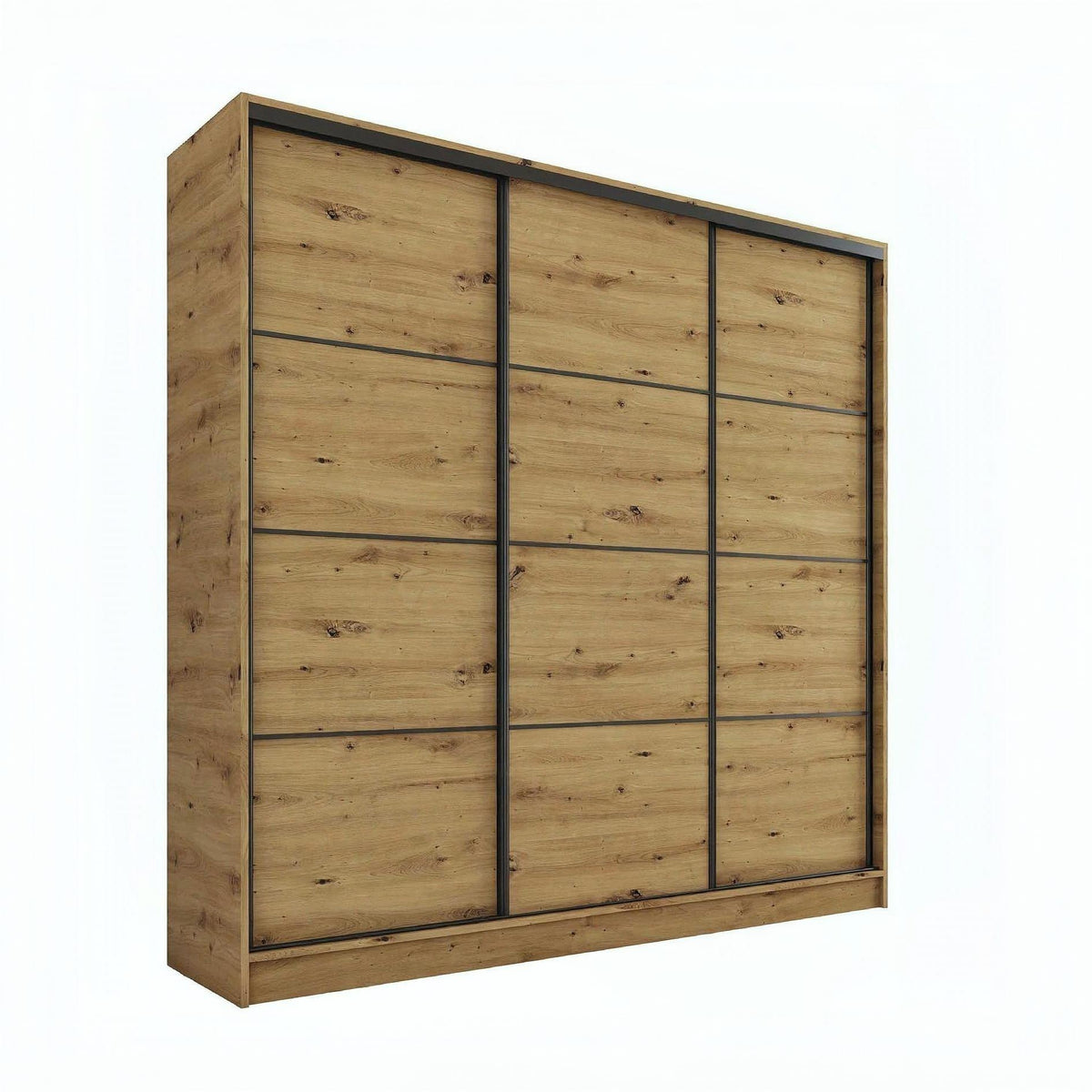 A modern three-door sliding wardrobe with light brown wood grain doors and dark frame lines, shown on a plain white background.