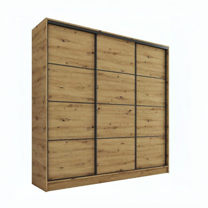 A modern three-door sliding wardrobe with light brown wood grain doors and dark frame lines, shown on a plain white background.