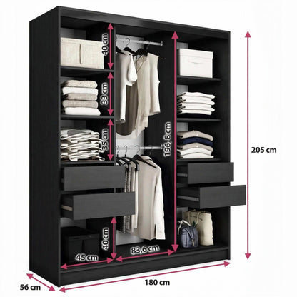 Black wardrobe shown open with shelves, hanging rods, folded clothes, and drawers, overlaid with red dimension lines and measurements including 205 cm height, 180 cm width, and 56 cm depth.