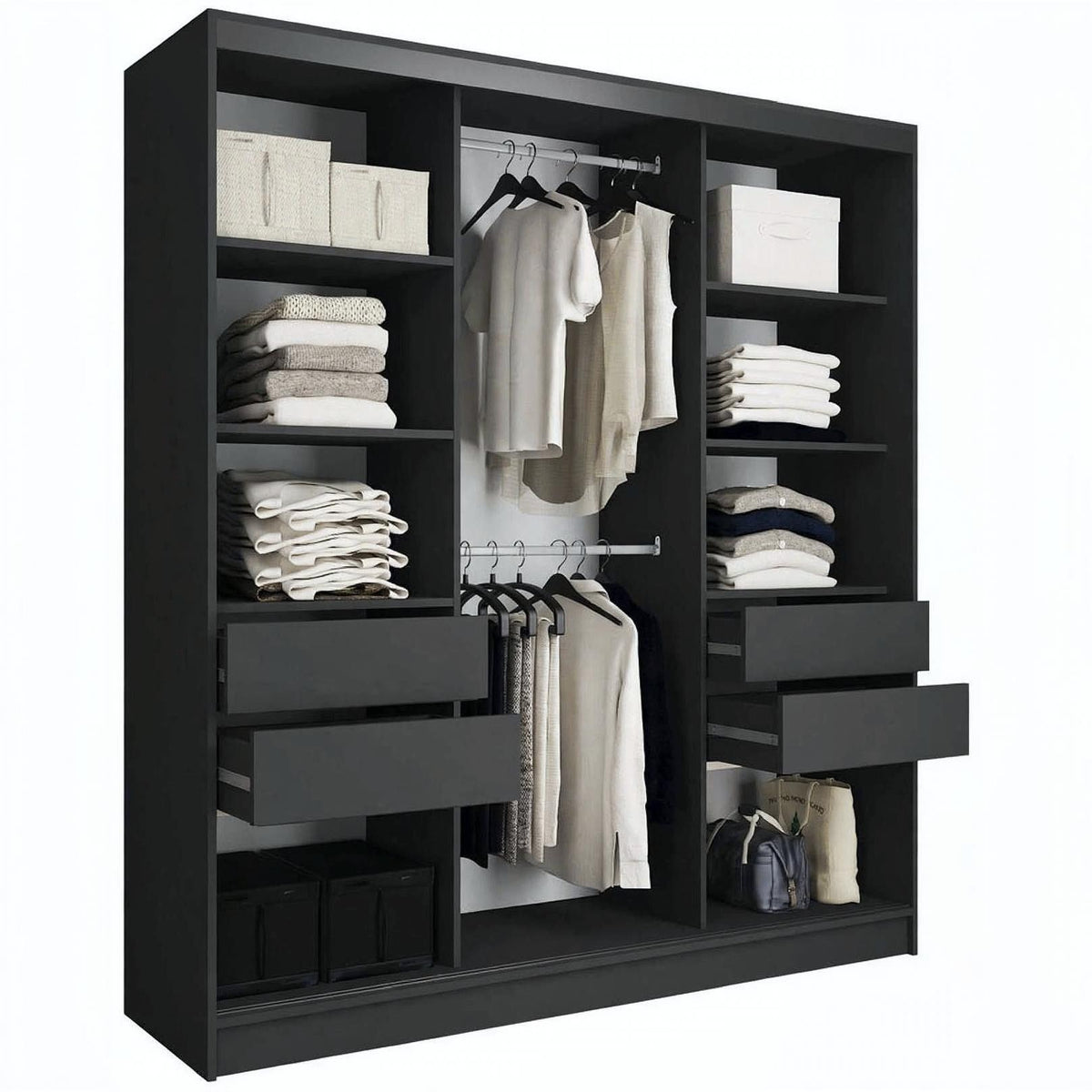 A tall black wardrobe shown open, filled with folded towels, shirts, boxes, and bags, photographed on a plain white background.