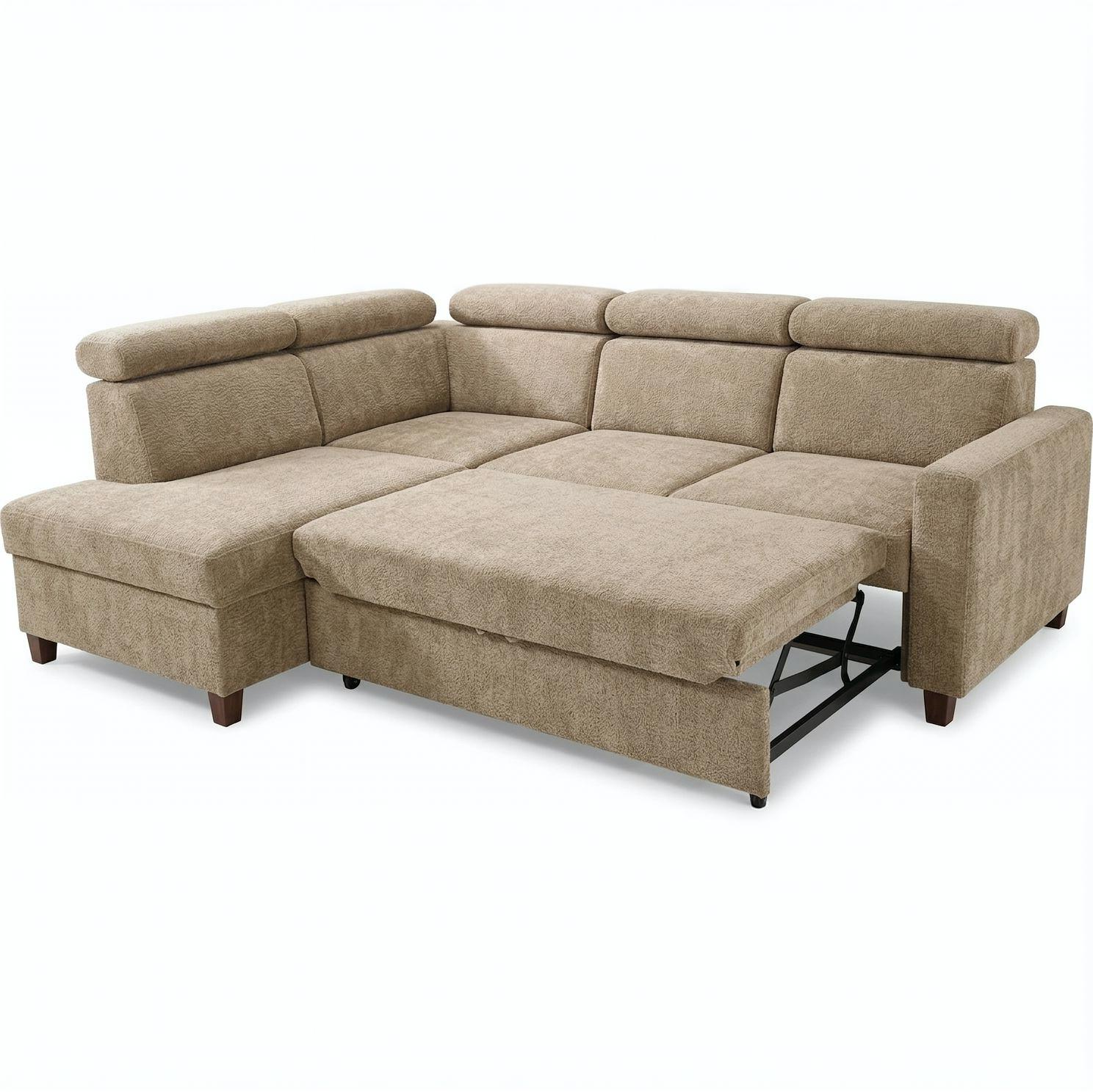 A beige upholstered sectional sofa with a chaise lounge on the left and a partially extended seat cushion showing the black metal frame, photographed on a white background.
