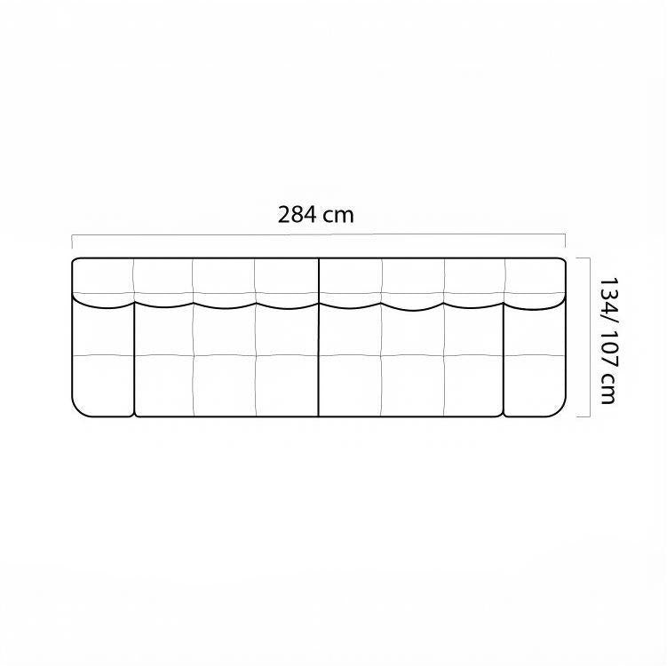 A simple black line drawing on a white background showing the dimensions of a rectangular upholstered surface, with labels reading 284 cm across the top and 134 / 107 cm along the right side.