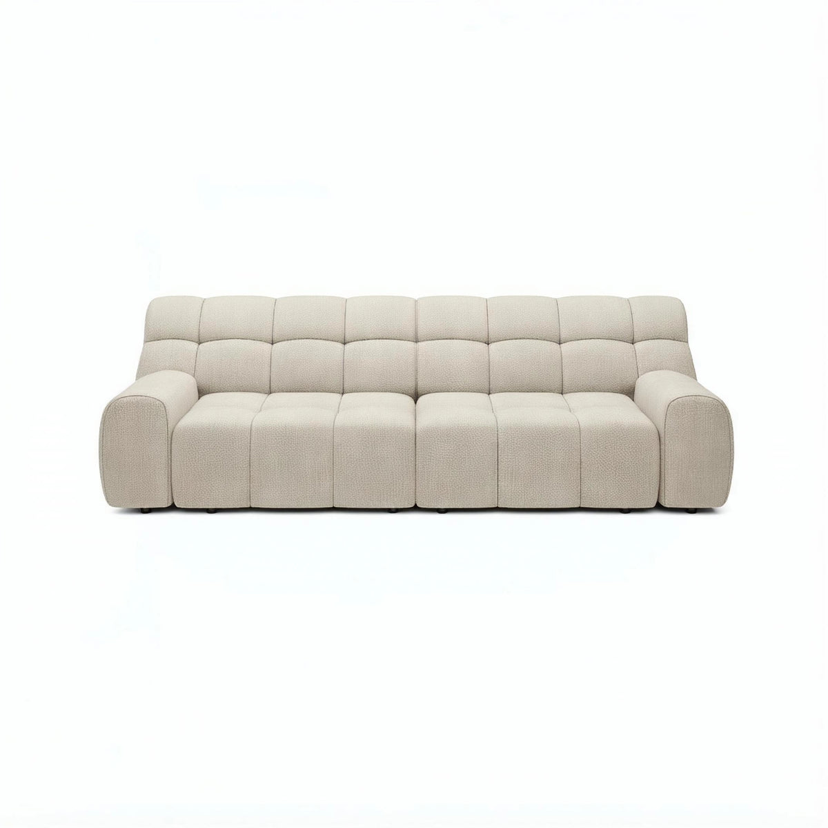 A modern sofa in a light beige fabric, shown from a straight-on perspective against a plain white background.