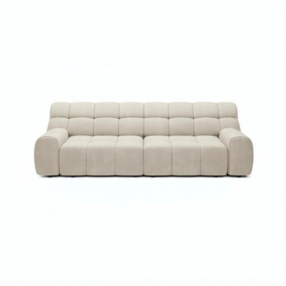 A modern sofa in a light beige fabric, shown from a straight-on perspective against a plain white background.