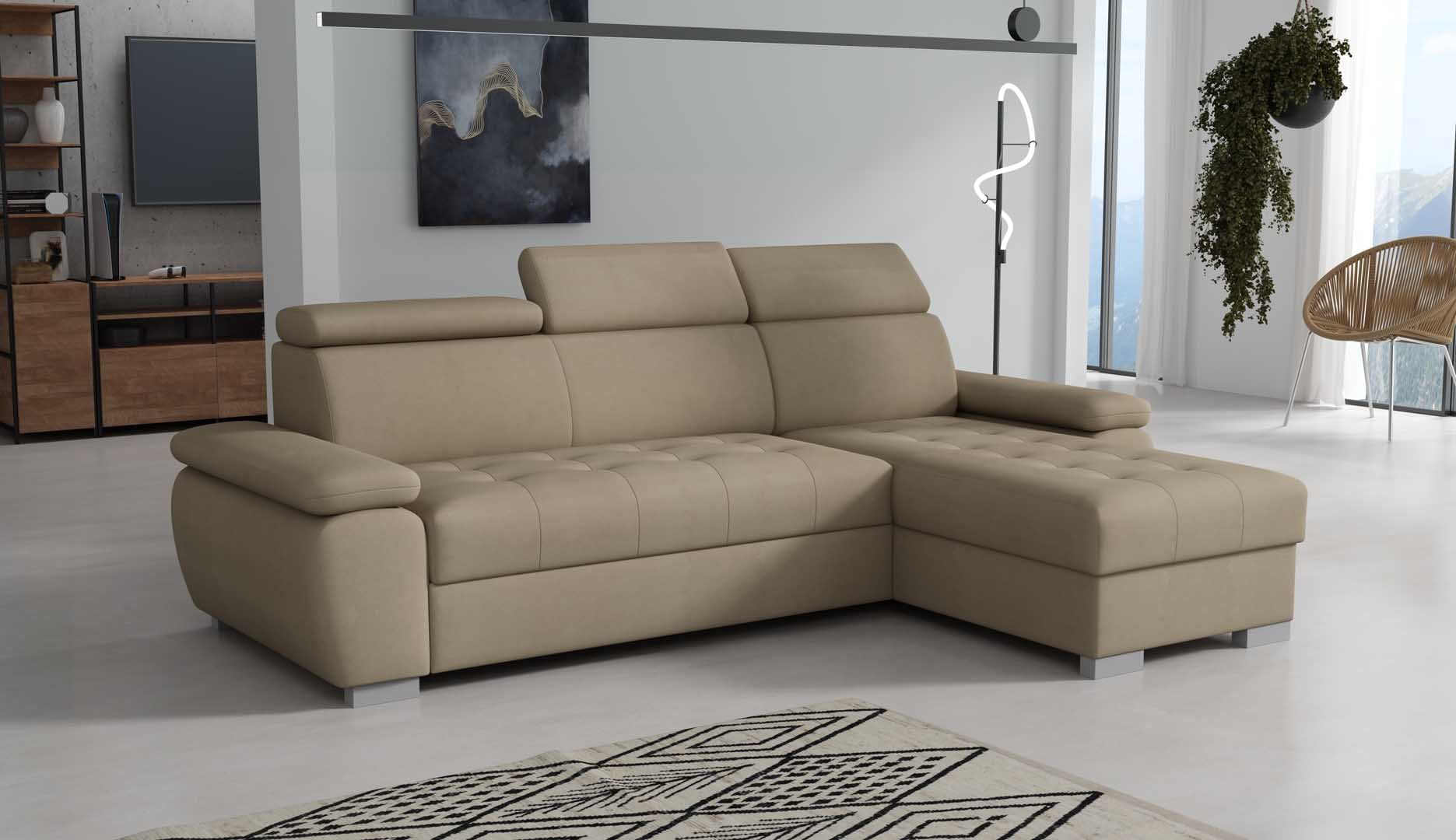 A beige corner sofa with a sleeping function and storage space, positioned in a bright living room setting.