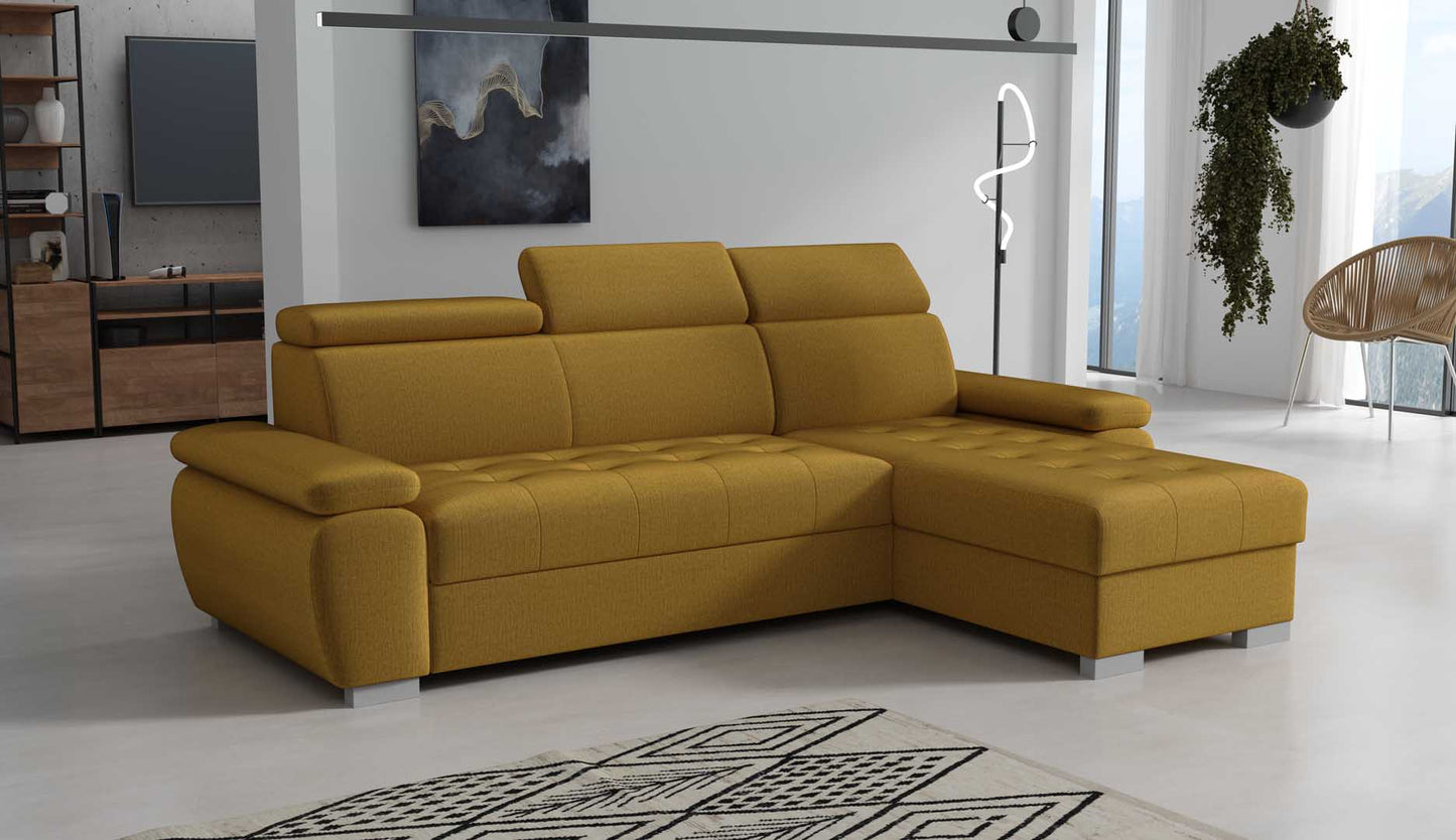 A yellow corner sofa with a sleeping function and storage space, positioned in a bright living room setting.