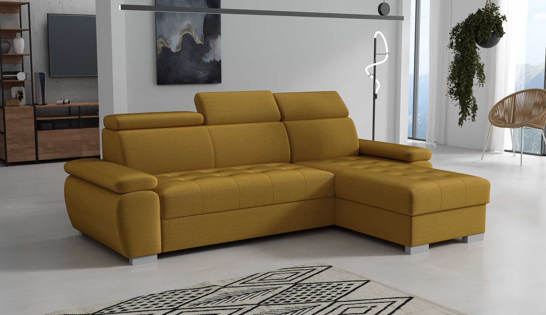 A yellow corner sofa with a sleeping function and storage space, positioned in a bright living room setting.