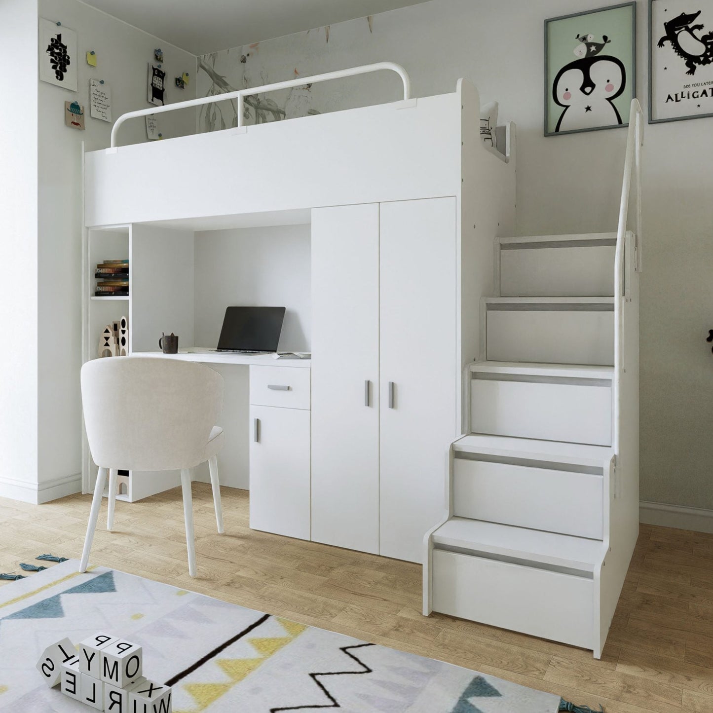 A white loft bed with an integrated desk, storage cabinet, and built-in staircase in a bright, modern bedroom.