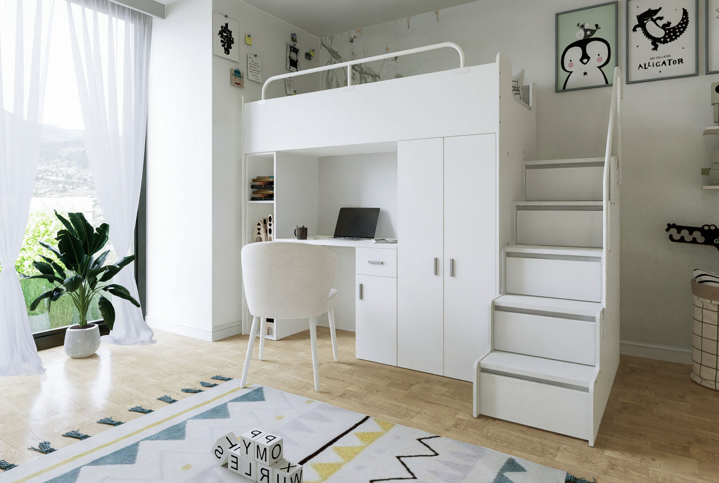 Jessie 4s High Sleeper Modern Set with Wardrobe Desk Stairs and Cabin Bed