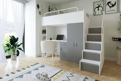 Jessie 4s High Sleeper Modern Set with Wardrobe Desk Stairs and Cabin Bed